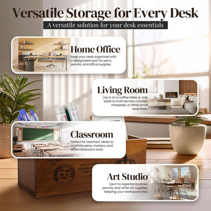 Flexzion Rustic Wooden Pencil Holder for Office - 3 Slots - Desk and Table Storage Organizer - Multifunctional Remote Control Holder for Home, School and Office