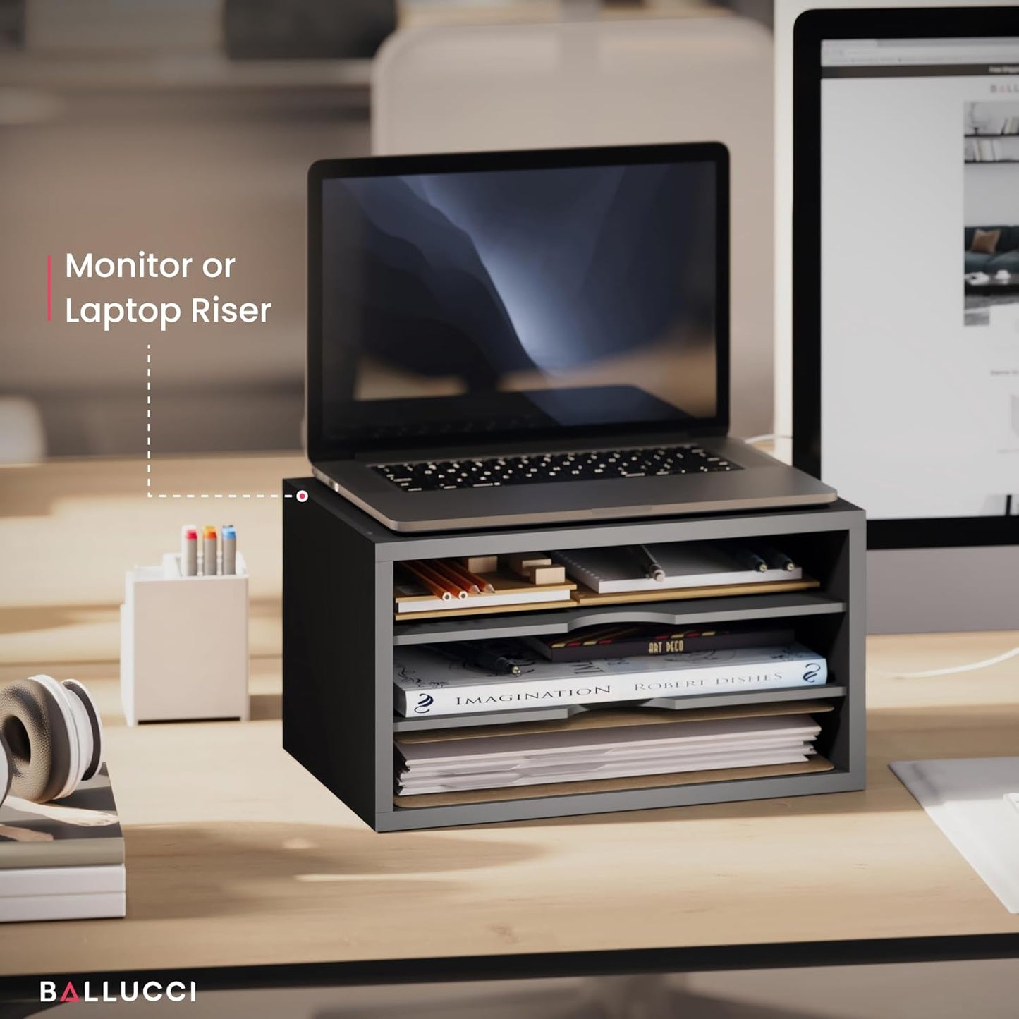 Ballucci File Organizer, 4-Tier Office Desk Organizer, Open Top Wood Paper Organizer for Classroom, Desktop Mail Sorter Paper Tray, Black