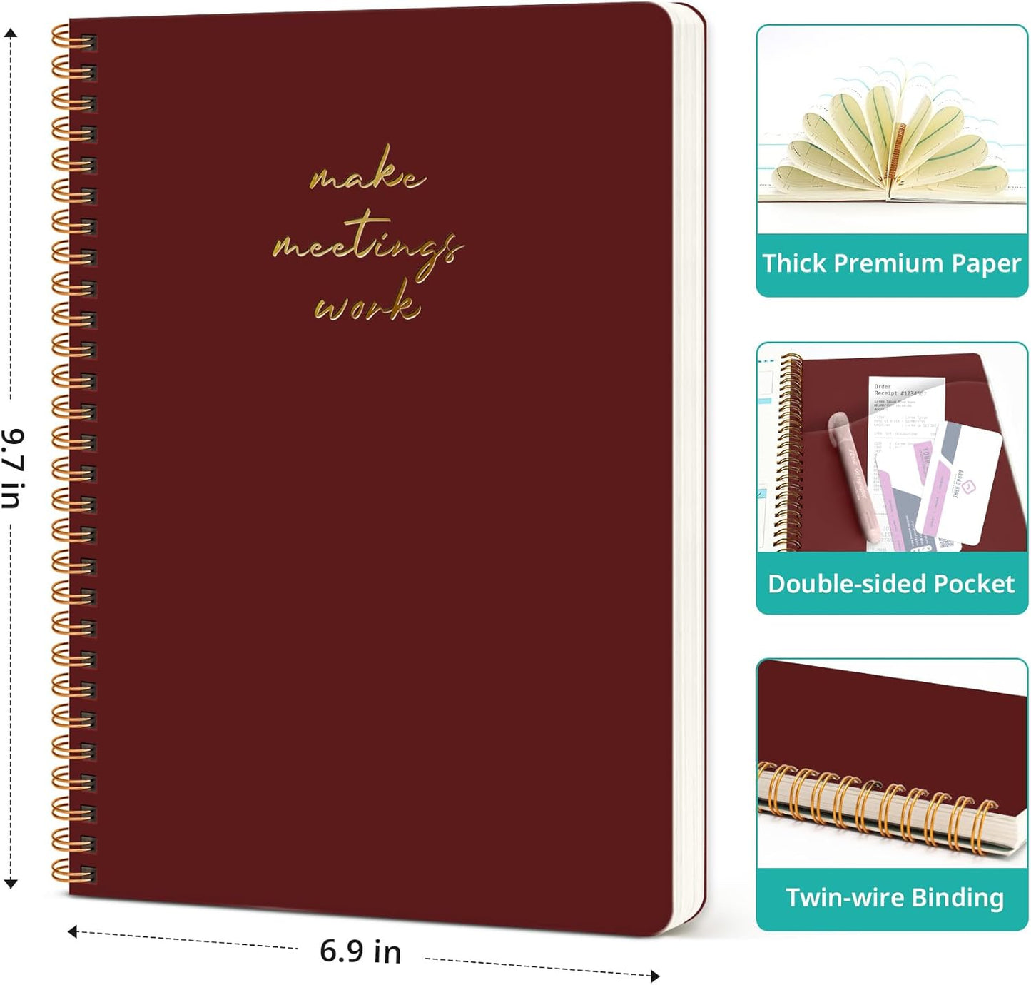 Meeting Notebook for Work Organization - Work notebook with action items, Meeting Minutes Planner Notebook, Perfect Office Supplies for Men & Women - Pink