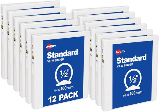 Avery Standard View 3 Ring Binders, 1.5" Round Rings, 275-Sheet Capacity, 2.1 Inch Wide Spine, White Binders, Ideal for Lightweight Organization and Occasional Referencing (12-Pack of 05726)