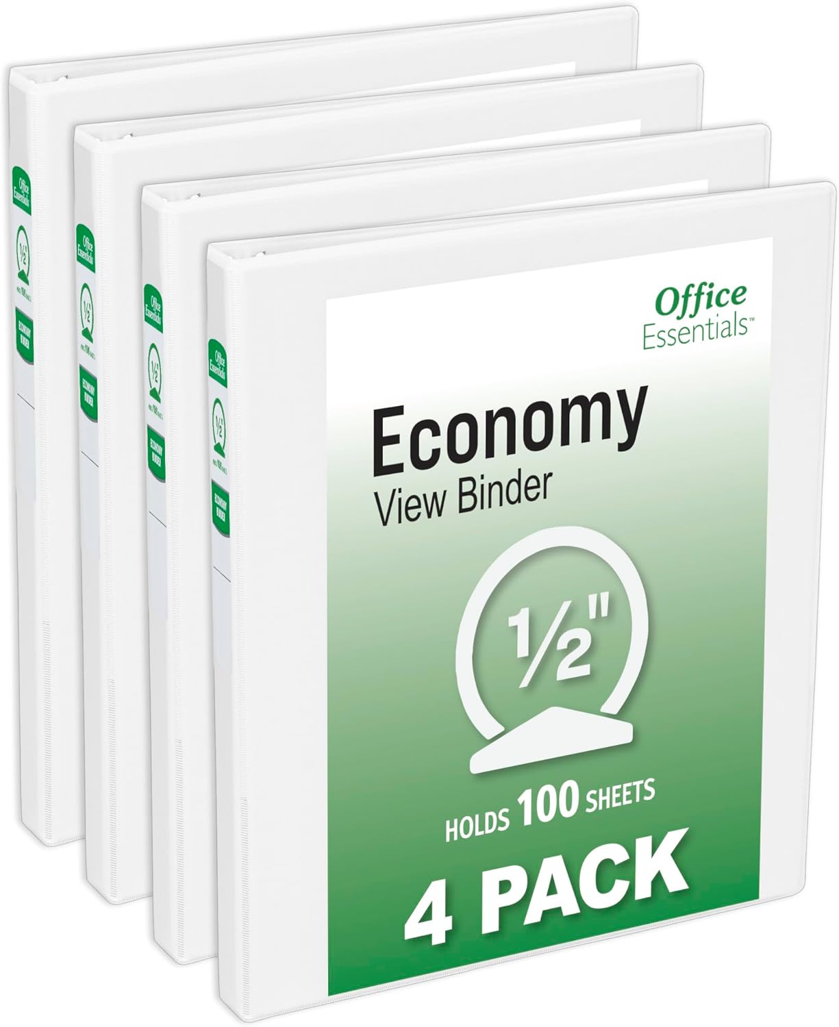 Office Essentials Economy View 3 Ring Binders, 3" Round Rings, 3.5" Spine, 460-Sheet Capacity, White Binders (4-Pack of 03148)