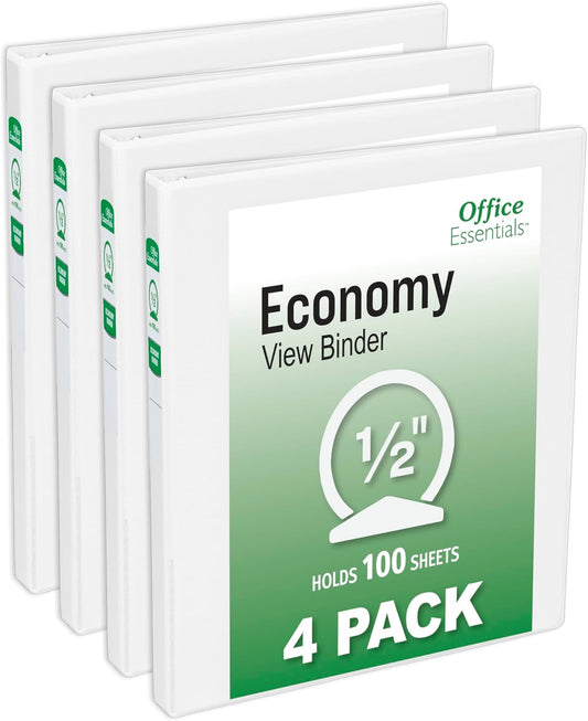 Office Essentials Economy View 3 Ring Binders, 3" Round Rings, 3.5" Spine, 460-Sheet Capacity, White Binders (4-Pack of 03148)