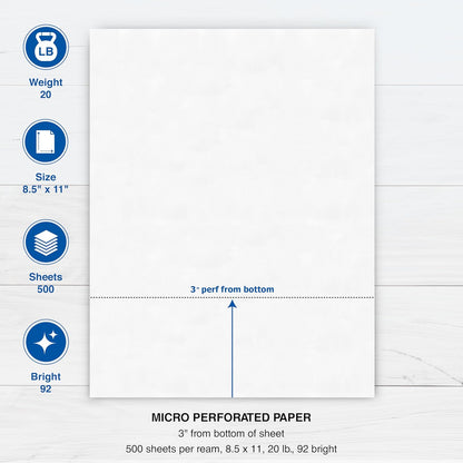 PrintWorks Professional 3 2/3" Horizontal Perforated Paper 8.5” x 11” - Perfect For W-2, 1099, & Statement Use - Made in the USA - 500 Sheets - 20 lb - Printer Compatible - White (04124)