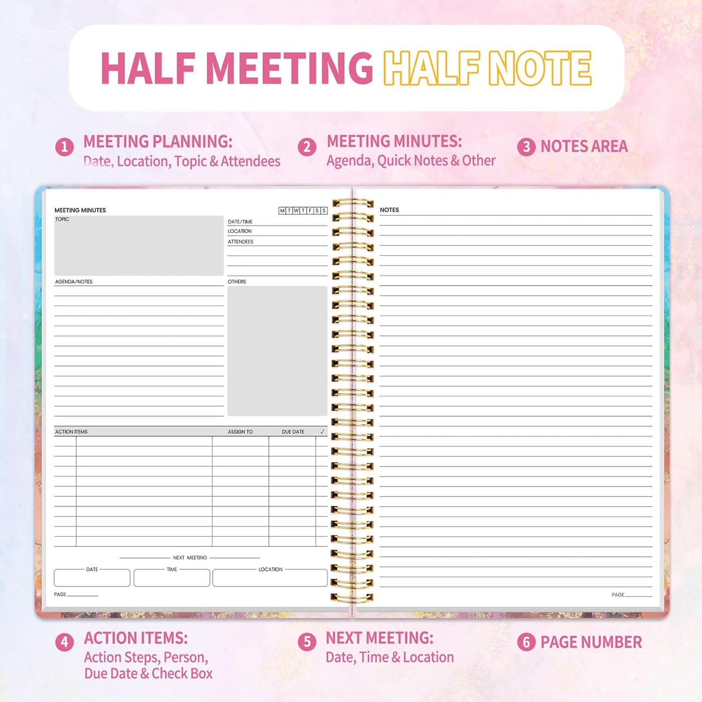 SUNEE Half Meeting Half Note - 7.5"x10" Professional Notebooks for Work - 160 Pages, B5 Size Project Planner, Spiral Meeting Agenda/Minutes Organizer for Women Men, Note Taking, Office & Business