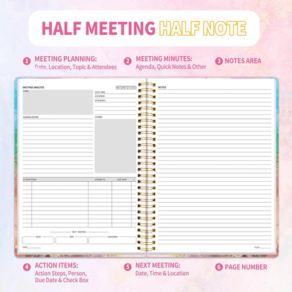 SUNEE Half Meeting Half Note - 7.5"x10" Professional Notebooks for Work - 160 Pages, B5 Size Project Planner, Spiral Meeting Agenda/Minutes Organizer for Women Men, Note Taking, Office & Business