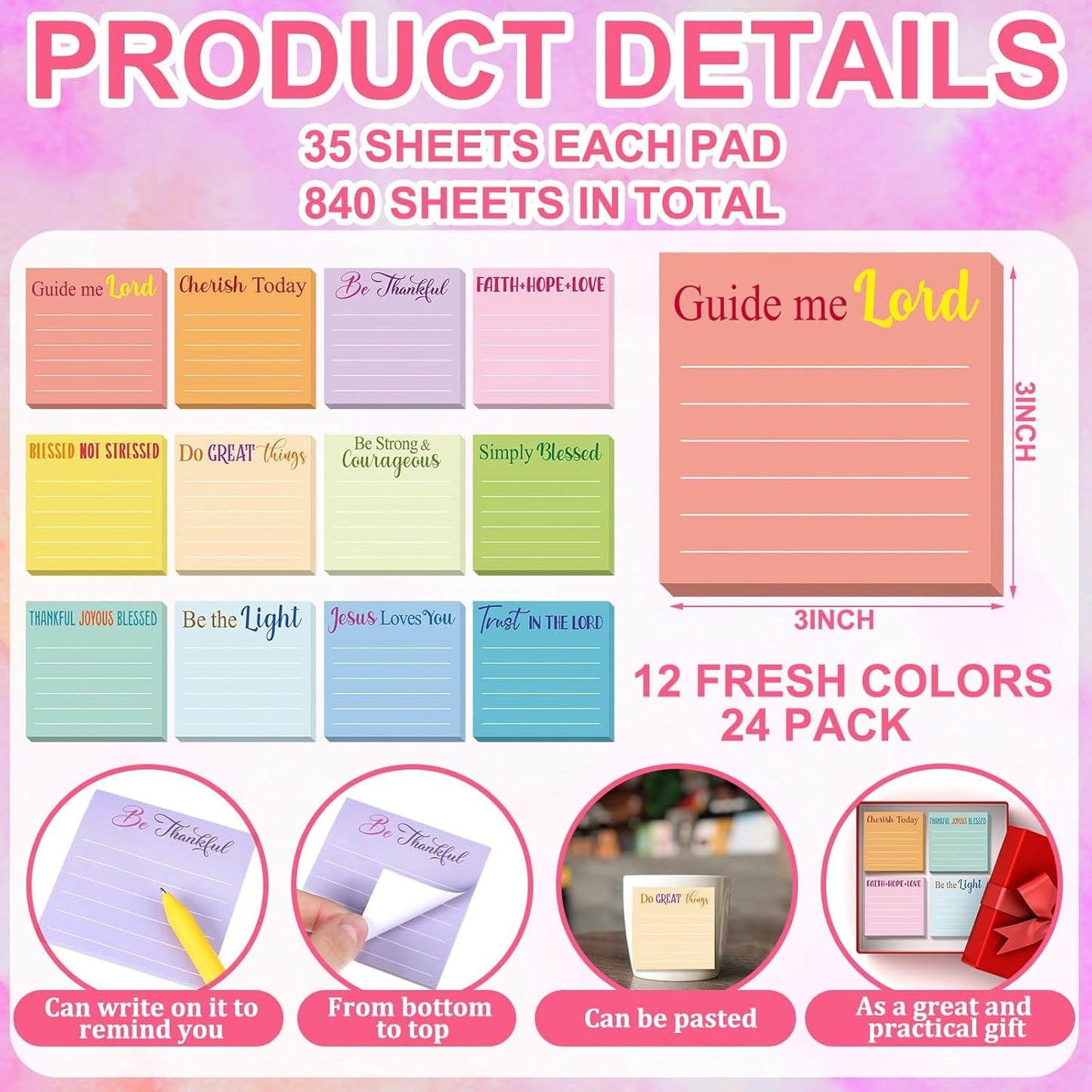 Yinder 48 Pcs Inspirational Sticky Notes Cute Motivational Sticky Notes Pad End of Year Employee Appreciation Gifts Bulk for Teacher Nurse Coworkers Office Supplies 3 x 3'' (Thank You,Dark Color)