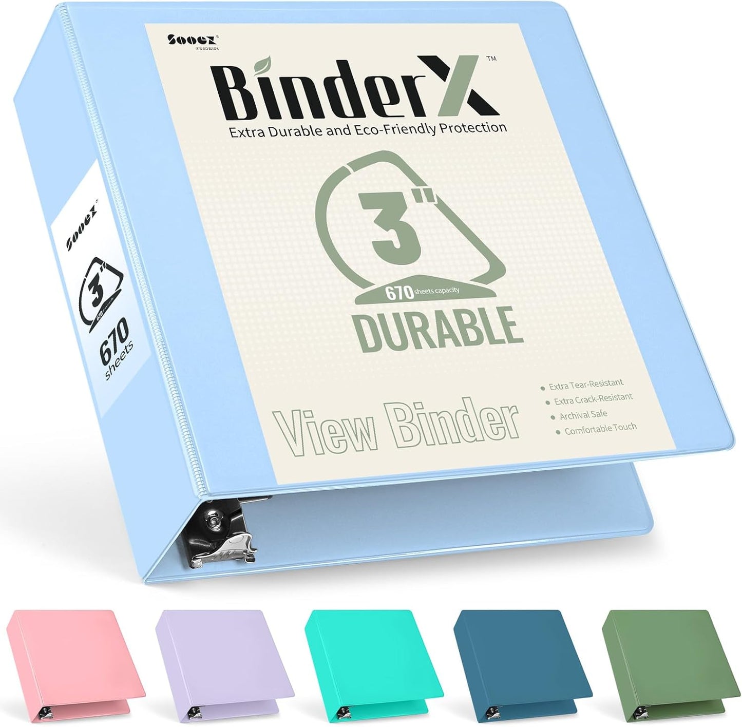 Sooez BinderX Extra Durable 3 Inch 3 Ring Binder, D-Ring Large Binders, Holds 670 Sheets of 8.5x11 Paper, Customizable View Cover with Inside Pockets, Heavy Duty 3 Ring Binder for School, Grey Blue