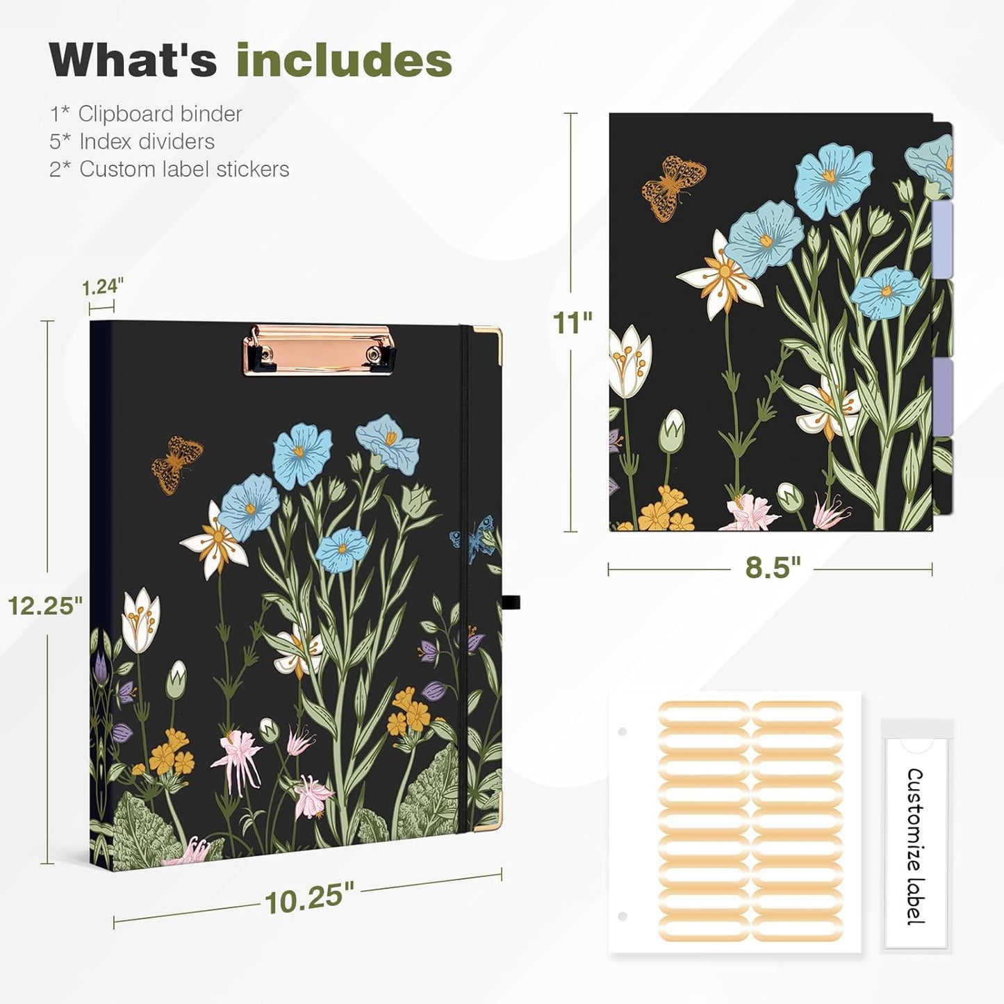 Ospelelf Binder 3 Ring 1 Inch, Floral Round Ring Clipboard Binder for Letter Size with 5 Tab Dividers, File Folder Labels, for School and Office Supplies