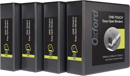 Oxford 3 Ring Binders, 0.5 inch ONE-Touch Easy Open D Rings, Durable Binders for School and Office, View Binder Covers, Xtralife Hinge, Non-Stick, PVC-Free, Black, Holds 125 Sheets, 6 PK (79901)