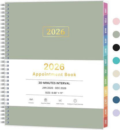 2026 Appointment Book, 30 Minutes-Hourly, Weekly ＆ Monthly Calendar Planner 2026, Jan 2026 - Dec 2026, 8.5'' x 11'', 2026 Daily Planner with Tabs ＆Pocket, Flexible Cover, Great for Office, Home, School