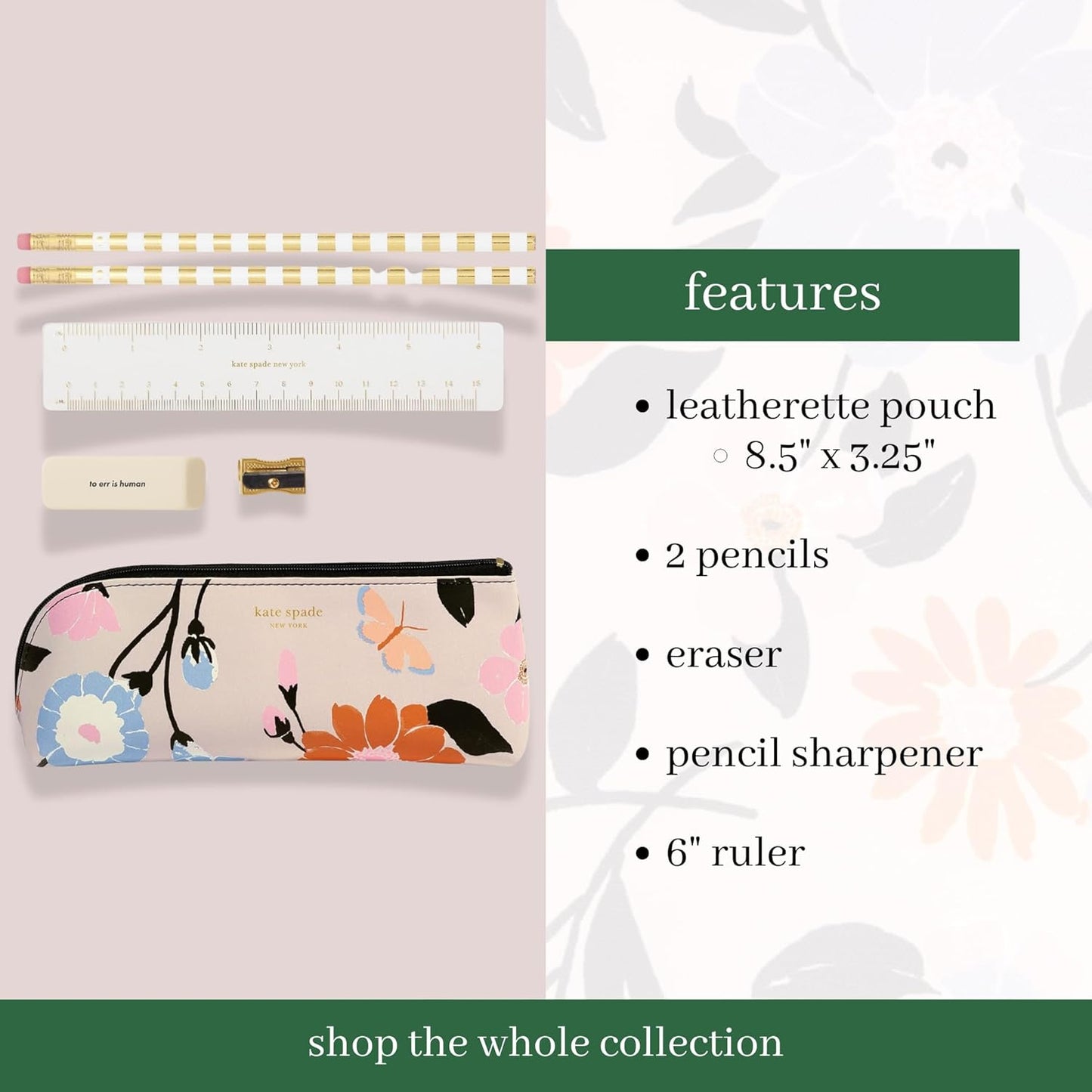 kate spade new york Pen and Pencil Case with Office Supplies, Zip Pouch Includes 2 Pencils, Sharpener, Eraser, and Ruler, Polka Dots (black/white)