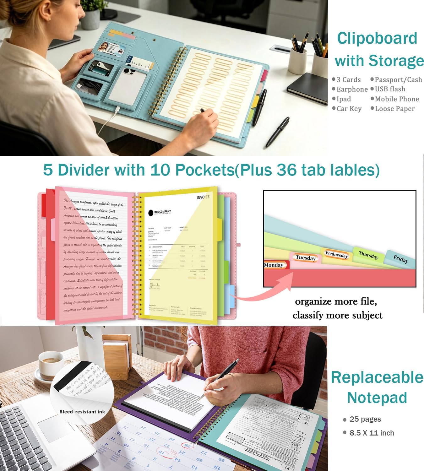 Grey Foldable Spiral Clipboard Folio with Storage Zipper Pouch, 5 Plastic Folders with Pockets,Refillable Lined Notepad (8.5" x 11"), Hardcover Project Organizer with 39 Stickers