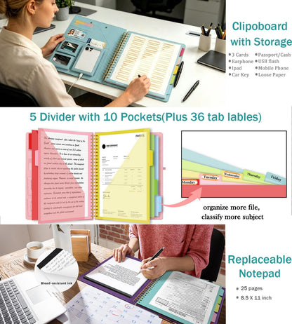 Grey Foldable Spiral Clipboard Folio with Storage Zipper Pouch, 5 Plastic Folders with Pockets,Refillable Lined Notepad (8.5" x 11"), Hardcover Project Organizer with 39 Stickers