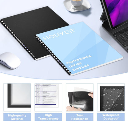 HOUYEE 120 Pack Binding Covers and Backs Set, 8.5x11 Inches, Including 60 Pcs 10 Mil Clear Binding Covers, 60 Pcs 12 Mil Black Plastic Sand Texture Polycovers, Letter Size