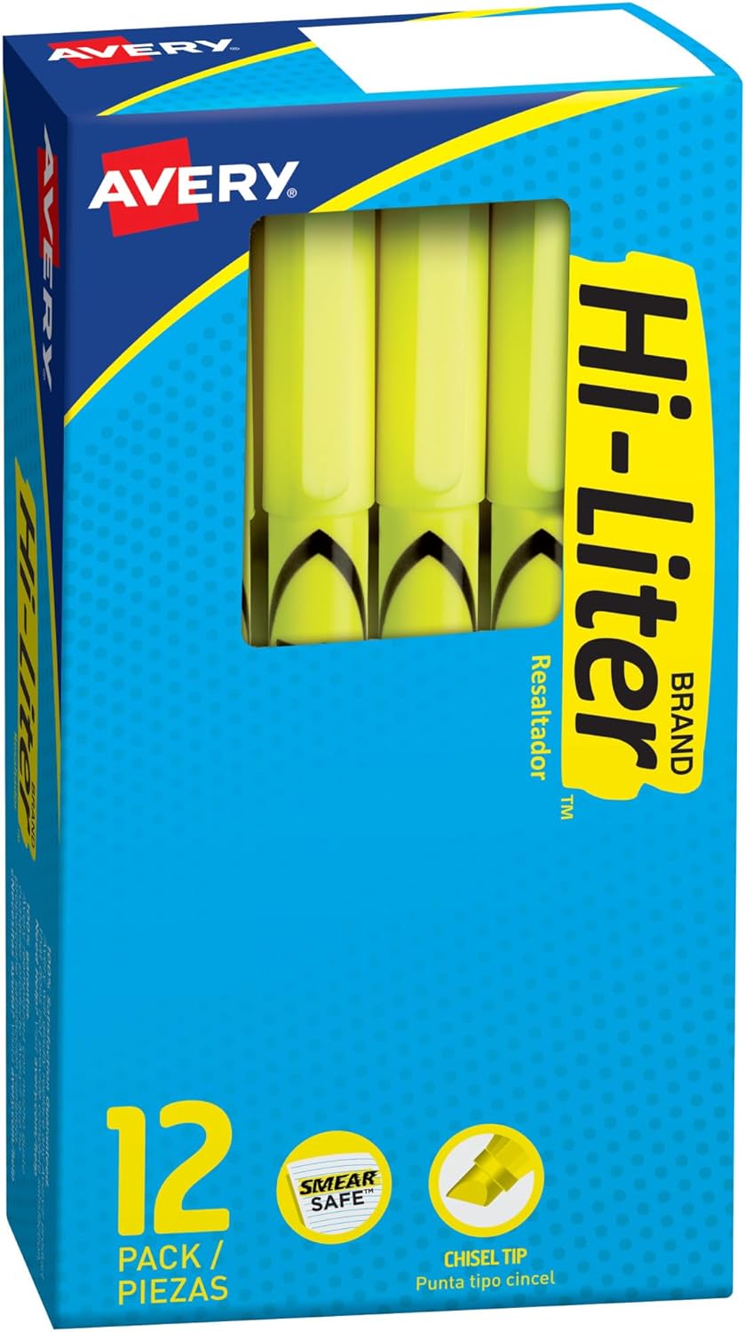 Avery Hi-Liter Pen-Style Highlighters, Smear Safe Ink, Chisel Tip, 12 Fluorescent Yellow Highlighters (23591)