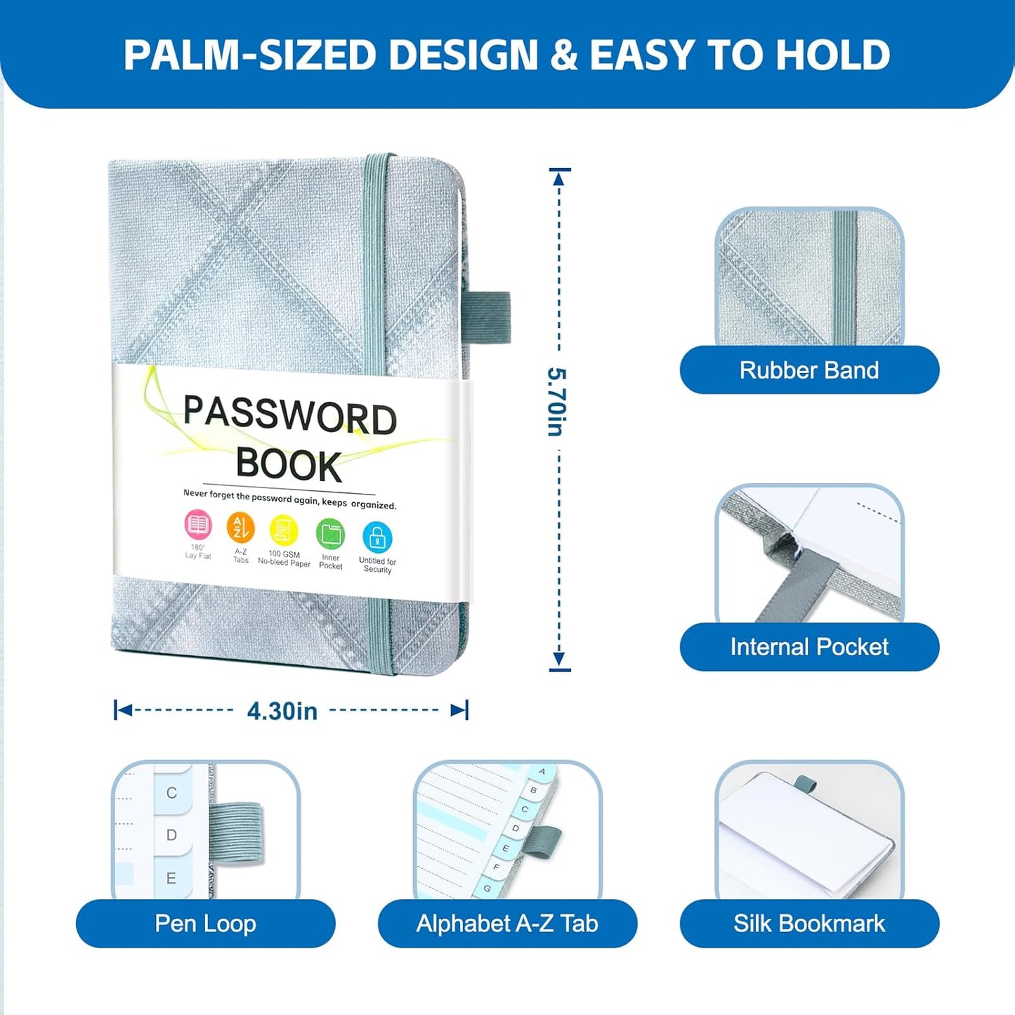 MOSA BEAR Password Keeper Book with Alphabetical Tabs，4.3"x5.7" Small Password Books for Seniors Password Notebook for Internet Website Address Log in Detail（Dark Blue）