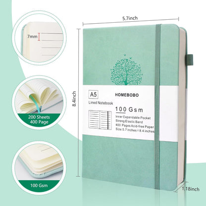 Journals for Writing, A5 Leather Ruled Notebook with 400 Pages, 100 Gms College Ruled Journal with Thick Paper, Hardcover with Inner Pocket & Pen Holder, Dark Green
