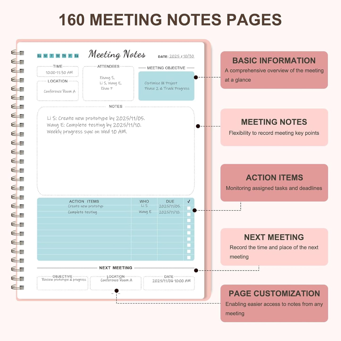 Meeting Notebook for Work Organization, Work Planner Notebook with Action Items, Project Agenda Planner for Note Taking, 160 Pages (6.9" X 9.9"), Perfect Office School Business Supplies for Women & Men(Blue)