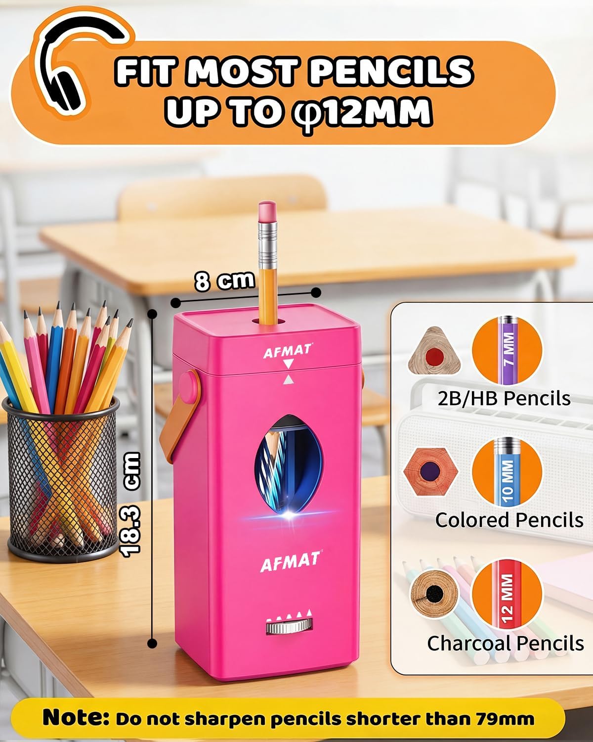 AFMAT Electric Pencil Sharpener, Rechargeable & Cordless, Fully Automatic Pencil Sharpener for Classroom, Auto in & Out, 5 Sharpness Modes, Heavy Duty Sharpeners for 6-12mm No.2/Jumbo Pencils PSC7