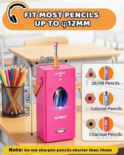 AFMAT Electric Pencil Sharpener, Rechargeable & Cordless, Fully Automatic Pencil Sharpener for Classroom, Auto in & Out, 5 Sharpness Modes, Heavy Duty Sharpeners for 6-12mm No.2/Jumbo Pencils PSC7