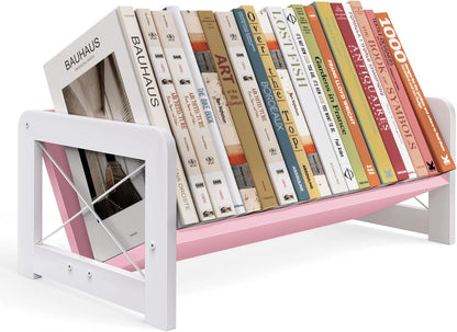 ELITEROO Desktop Bookshelf Organizer, Wood Slanted Desk Bookshelf, Small Tabletop Book Rack, Portable Mini Bookcase for Book Display, Cookbooks, Kids Reading, Office & Home Storage, Rustic Brown