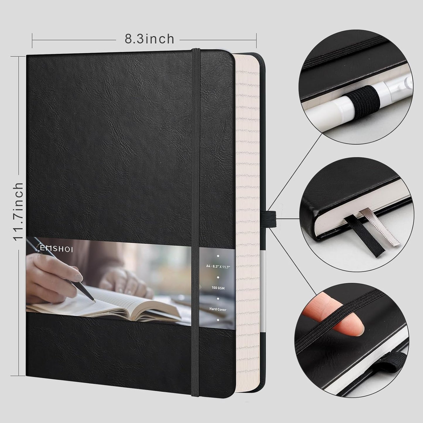 EMSHOI A4 College Ruled Notebook, Large 8.3" x 11.7", 192 Pages 100GSM Ink-Proof Faux Leather Hardcover Lay-Flat Lined Journal for Office School Work Writing, Black