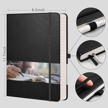 EMSHOI A4 College Ruled Notebook, Large 8.3" x 11.7", 192 Pages 100GSM Ink-Proof Faux Leather Hardcover Lay-Flat Lined Journal for Office School Work Writing, Black