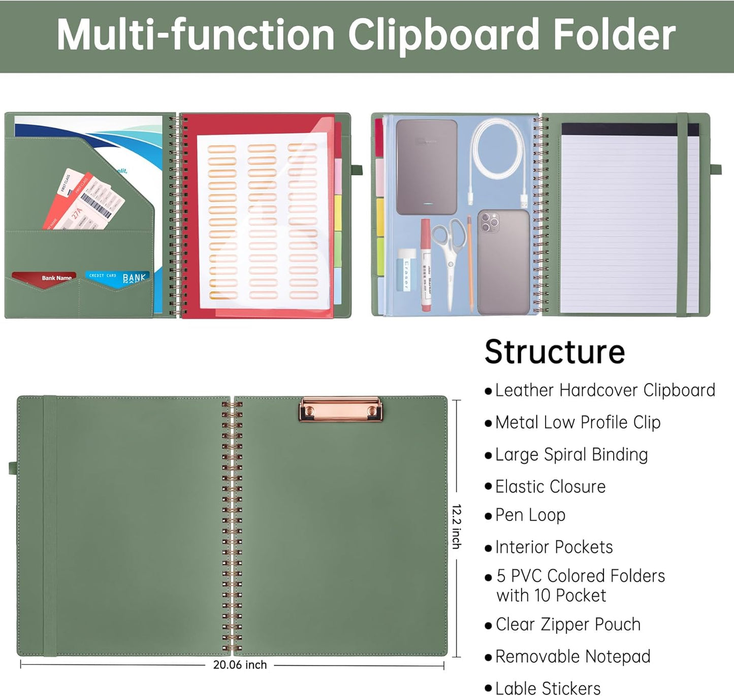 HAUTOCO Spiral Leather Clipboard Folio with Notepad (8.5 x 11''), 5 Folders with 10 Pockets, Storage Zipper Pouch, Pen Loop, 39 Stickers, Padfolio Organizer for Work School, Pink