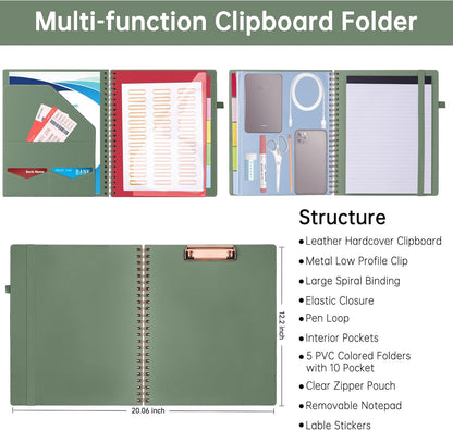 HAUTOCO Spiral Leather Clipboard Folio with Notepad (8.5 x 11''), 5 Folders with 10 Pockets, Storage Zipper Pouch, Pen Loop, 39 Stickers, Padfolio Organizer for Work School, Pink