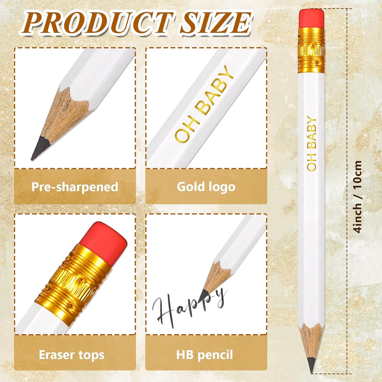 Crtiin 50 Pieces Baby Shower Pencils for Activities Mini Golf Half Pencils, Presharpened with Erasers, 4 Inch(Wood Color,Simple Style)