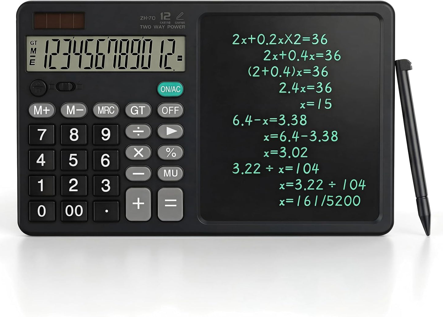 Desk Calculator with Erasable Writing Pad, 12-Digit Wide Screen Display, 100,000+ Reusable LCD Notepad, One-Click Clear & Lock Function, Solar and Battery Dual Power for Office,School,Business (Black)
