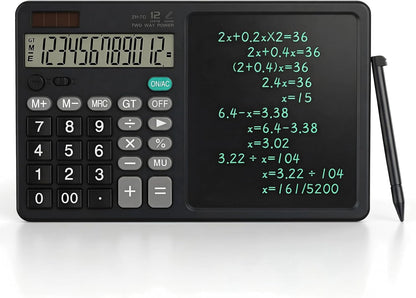 Desk Calculator with Erasable Writing Pad, 12-Digit Wide Screen Display, 100,000+ Reusable LCD Notepad, One-Click Clear & Lock Function, Solar and Battery Dual Power for Office,School,Business (Black)