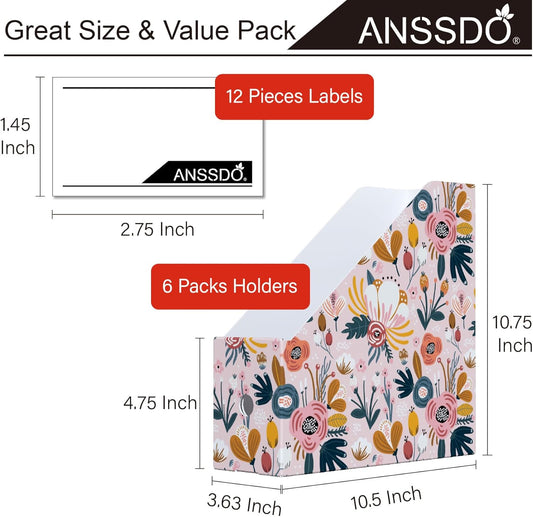ANSSDO 6 Pack Cardboard Magazine Holder - Premium Magazine File Organizer, Large Volume Storage Box as Book Bins or Folder Holder for Desk - Teal Floral