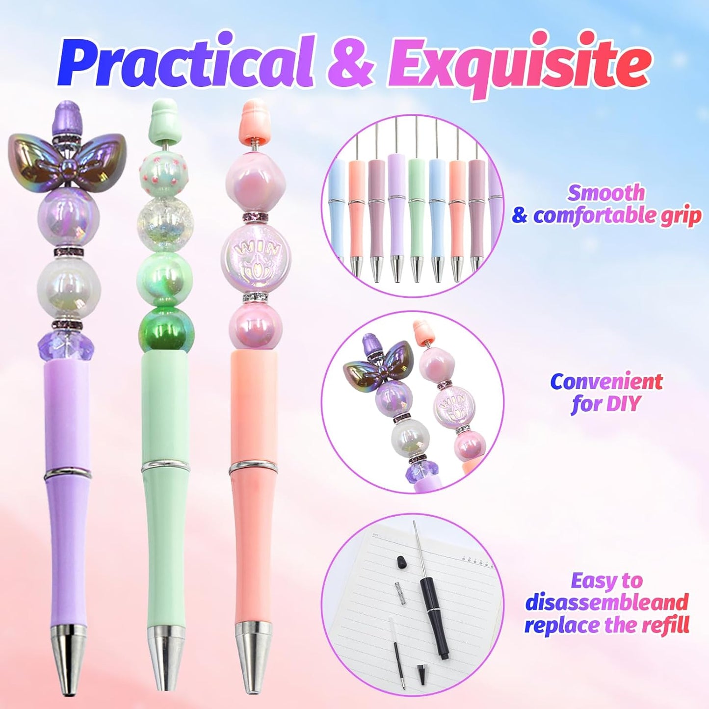 150 Pieces DIY Beadable Pen Kit – 50 Plastic Ballpoint Pens with Refills & Bags, Beads Not Included – School Supplies, Office Accessories & Craft Gifts for Students & Teachers (Multicolor)