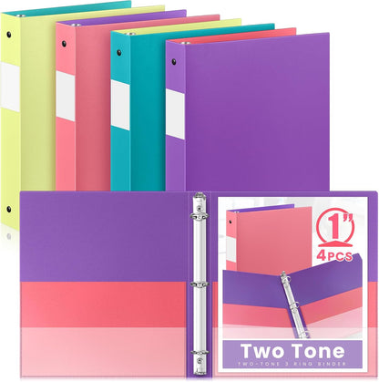 Henoyso 4 Pack Plastic Two-Tone View 3 Ring Binder, 1 Inch Round Ring Binder with Four Inner Pockets, Heavy Duty View Binders for School and Office, Pink, Teal, Purple and Lime (Clear Font Pocket)