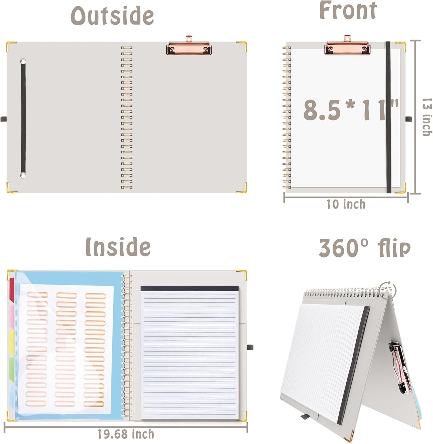 HAUTOCO Clipboard Folio with Refillable Notepad for Letter Size (11" x 8.5"), 5 Dividers with 10 Pockets, Elastic Pen Holder and File Folder Labels, Spiral Nurse Clipboard Artboard(Green)