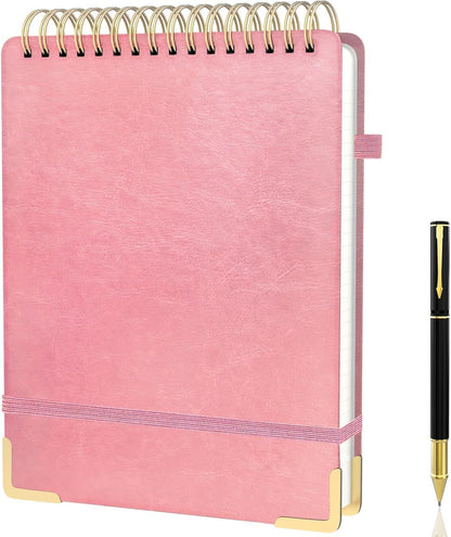 A5 Top Spiral Notebook, Large Leather Hardcover Top Bound Steno Pads, 240 Pages 100 gsm Thick Lined Paper Left Handed Notebook Journal for Work, School, Meeting Writing - Brown, 5.9" x 8.5"