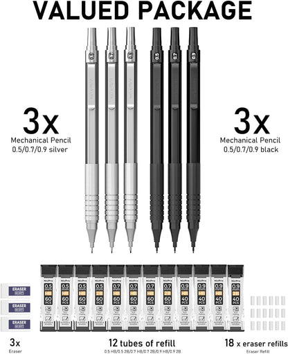 Nicpro 0.5 mm Mechanical Pencils Set with Case, 3 Metal Artist Pencil With 480PCS HB Lead Refills, 3 Erasers,9 Eraser Refills For Architect Art Writing Drafting, Drawing, Engineering, Sketching, Black