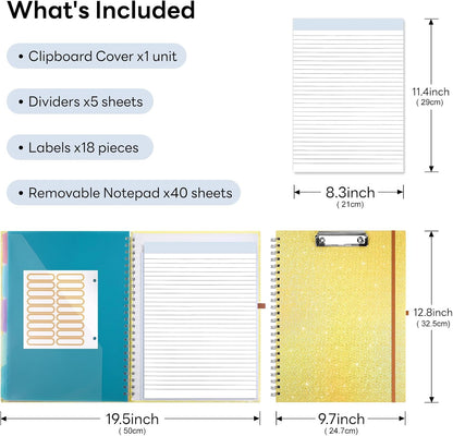 Glitter Clipboard Notebook with Storage for Letter Size, 8.5 x 11 Notepad Holder with 5 Folders and Dividers, Size 12.8X 9.7 in, Spiral Portfolio for Nursing Teacher School Supplies,.Teal