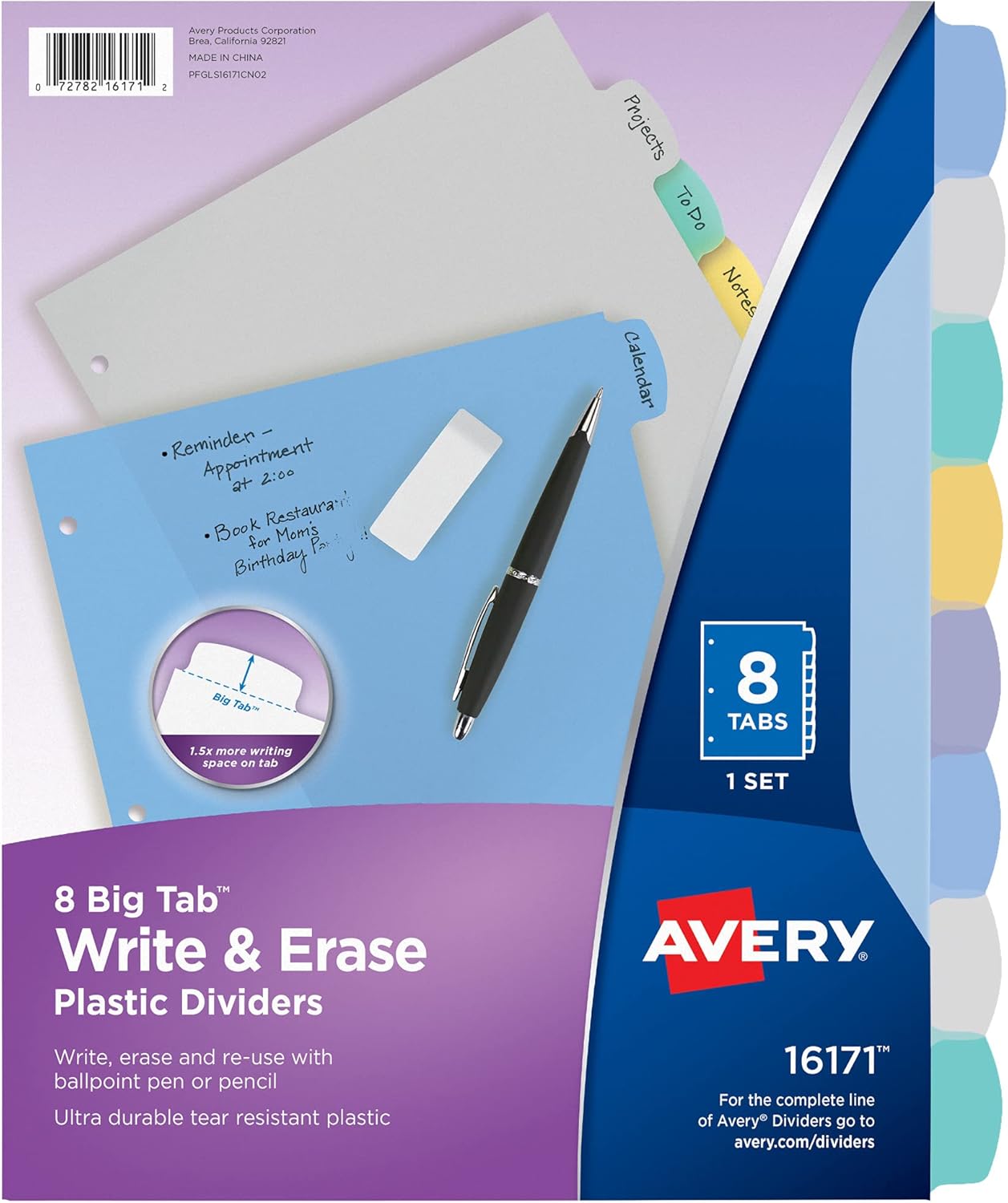 Avery® Durable Write-On Plastic Dividers with Erasable Tabs,11" x 8 1/2", Multicolor, 8 Tabs