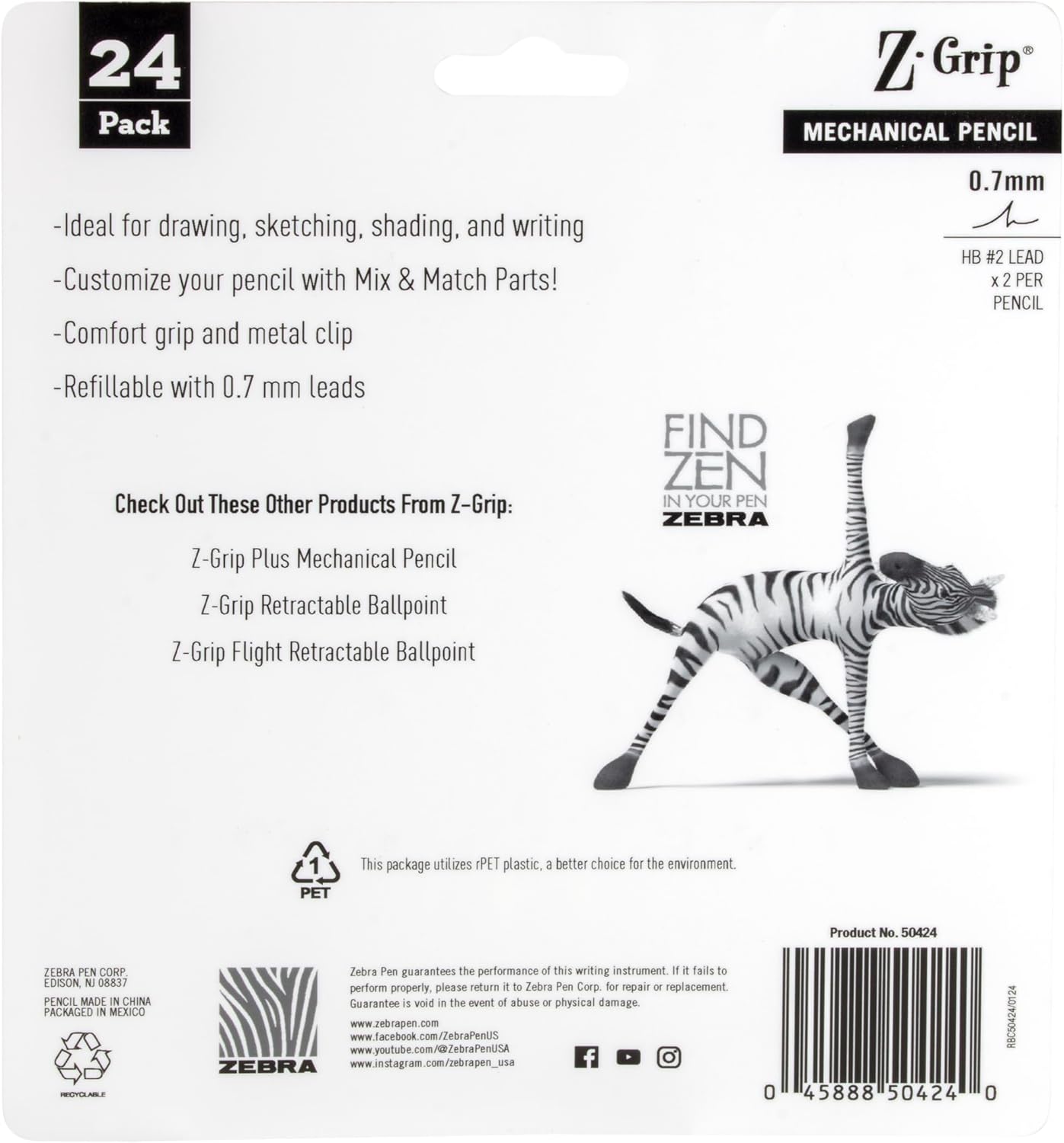 Zebra Pen, Z-Grip Mechanical Pencil, Smooth Writing, Latex-Free Grip, 0.7mm Lead, #2 HB, Pre-Loaded with Lead and Eraser, for School, Office, Everyday Use, Refillable, Clear Barrel, 24-Pack, (15241)