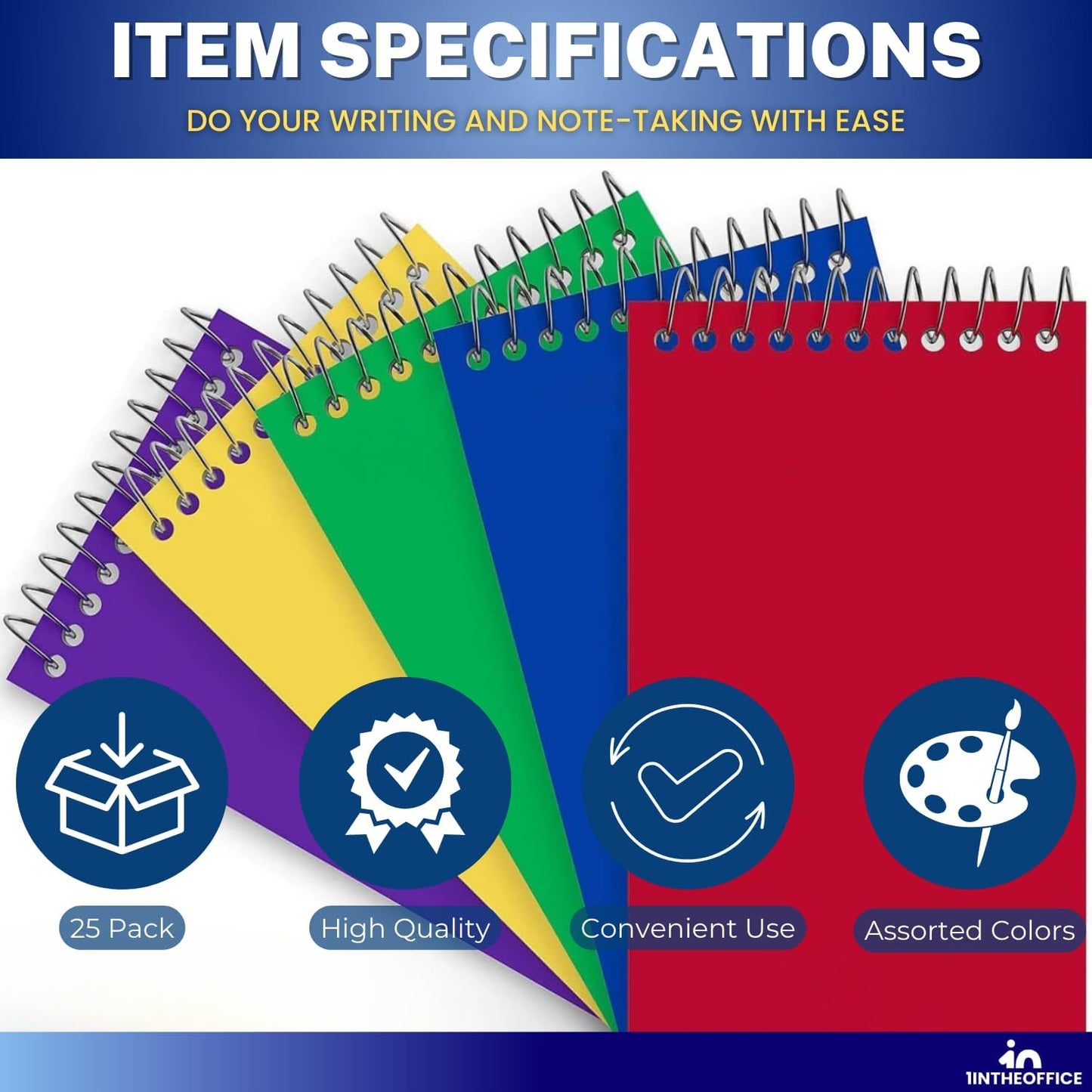1InTheOffice Wirebound Spiral Memo Books, Memo Pads, 3" x 5", College Ruled, Small Notepad 3x5, Assorted, 75 Sheets/Pad, 25 Pads/Pack