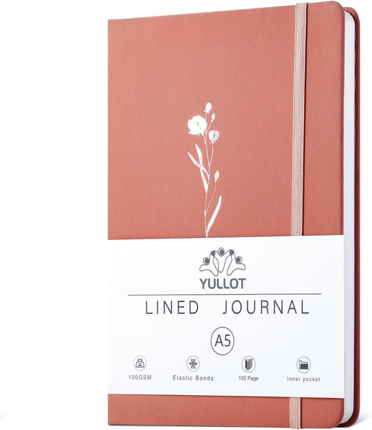 Lined Journal Notebook –A5 PU Leather Hardcover Notebook, 100gsm Thick Bleedproof Paper with Inner Pocket – 192Pages Lined Writing Journal for Students Women Note Taking - Terracotta Orange