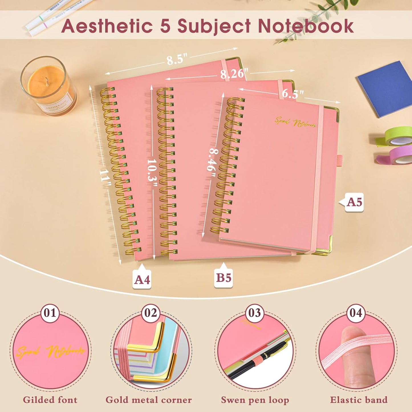 Hardcover Large Spiral Notebook 8.5" x 11" with Removable Dividers Tabs, 300 pages Leather 5 Subject Notebook College Ruled, A4 Journal for Women Men, Notebooks for Work School Note taking,Black