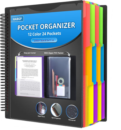 HABGP 12 Pocket Plastic folders with Pockets, 6 Colors Multi Pocket Folder Binder with Dividers, Office Organizer Folder Letter Size School Supplies
