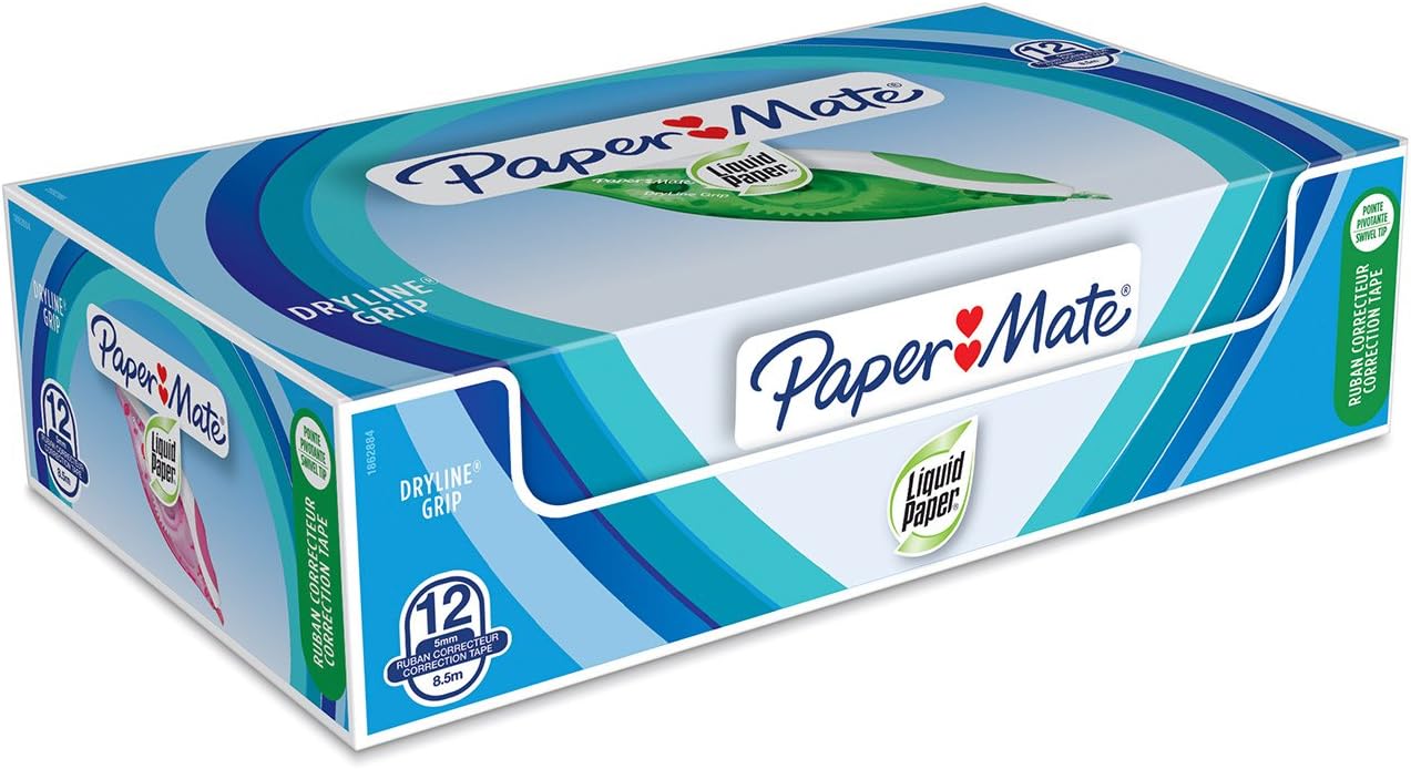 Paper Mate Liquid Paper DryLine Grip Correction Tape | Assorted Colours | Box of 12