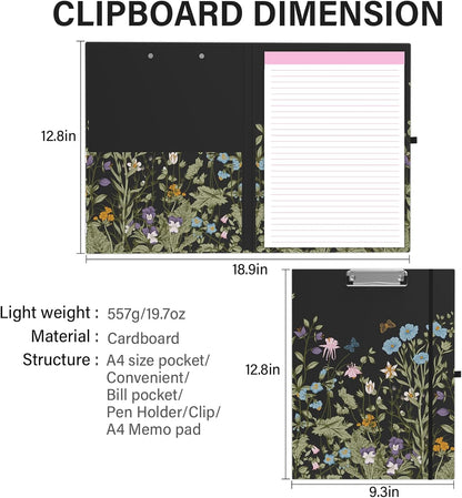 A4 Cute Clipboard Folio with Notepad Clipfolio and Interior Storage, Foldable Nursing Legal Size Clipboards for Work/Kids/Teachers - Almond Tree