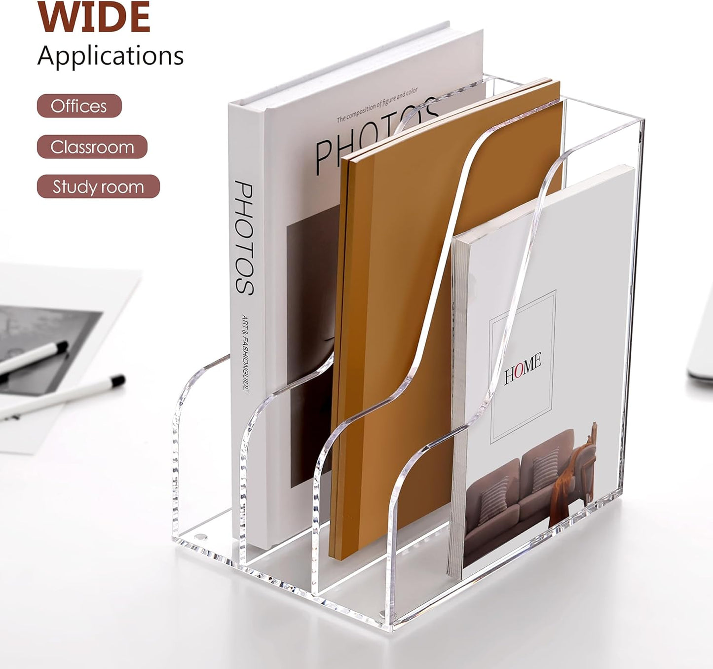SANRUI Desk Organizer Clear Acrylic Desk Magazine File Holder with 3 Vertical Sections Magazine Rack File Organizer for Office, Home, School