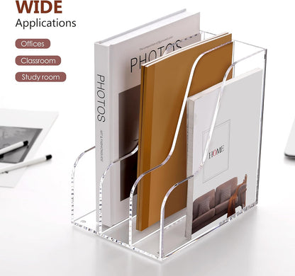 SANRUI Desk Organizer Clear Acrylic Desk Magazine File Holder with 3 Vertical Sections Magazine Rack File Organizer for Office, Home, School