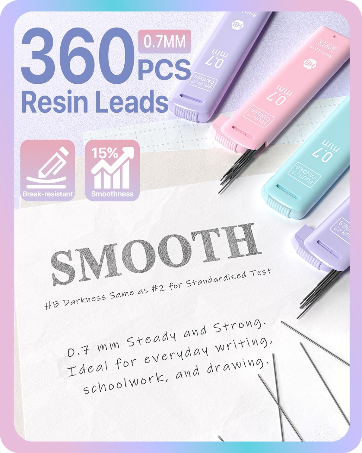 Four Candies Cute Mechanical Pencils 0.7mm, Pencil Set with 360PCS Lead Refills & Pastel Erasers, School Supplies with Case